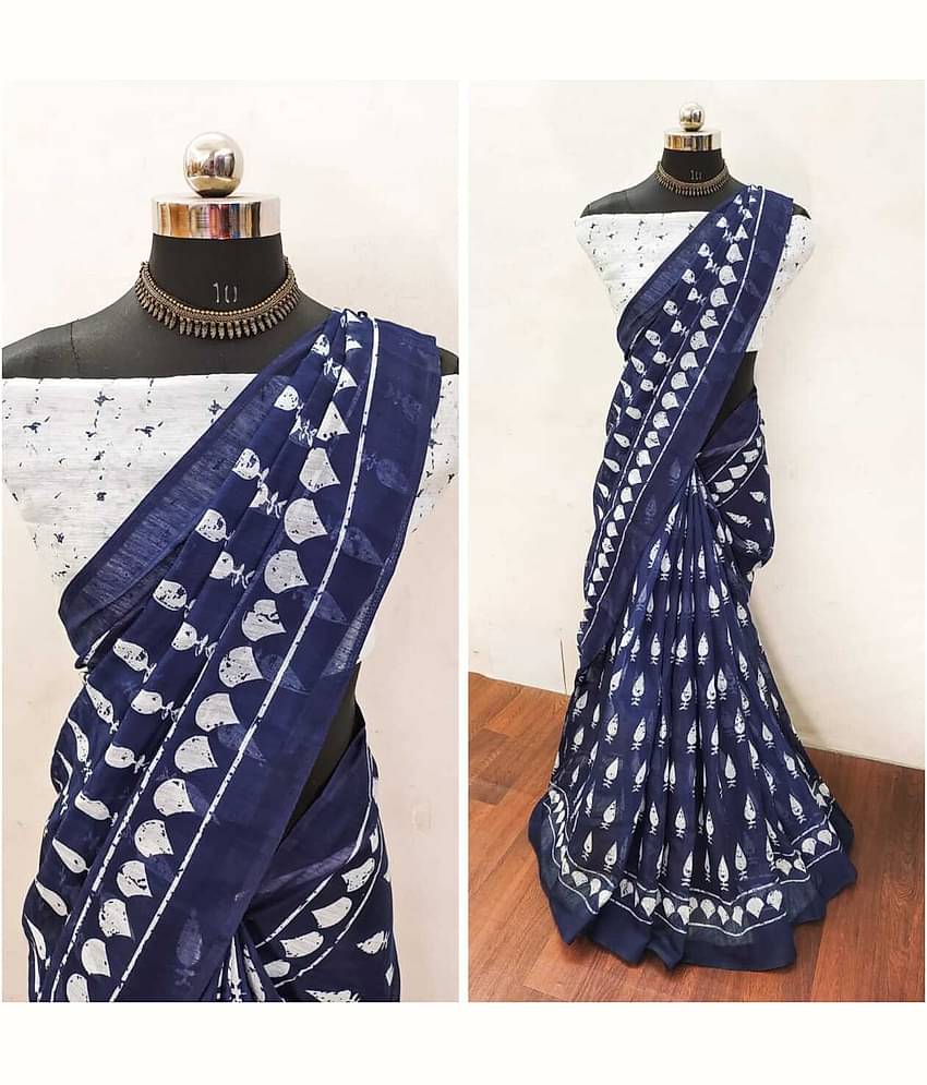 JIHANA FAB Chiffon Printed Saree With Unstitched Blouse Piece ( Blue )
