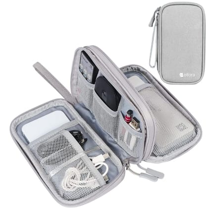 Elfora Cable Organizer Bag | Double Layer Travel Pouch for USB Cables, Chargers, Power Banks, AirPods & Accessories | Durable and Water Resistant Nylon Case with Mesh Pockets & Carry Strap (Grey) Grey / M