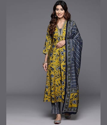 JULEE Women Cotton Blend Printed A-line Kurti With Pants ( Yellow )