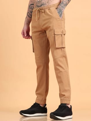 Men Cotton Regular Fit Cargo Joggers, KHAKI-Khaki / 32