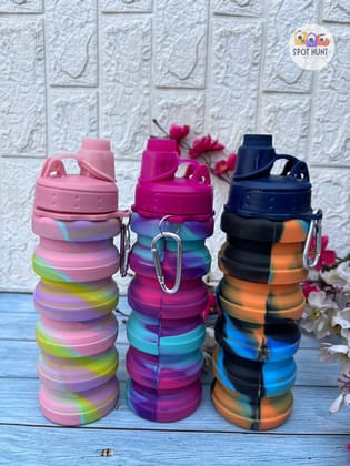 Spot HUNT Silicone Folding Collapsible Water Bottle Silicon Portable Leak Proof Collapsible Water Bottle Expandable & Foldable Light Weight Water Bottle 500ml (Multicolor, Pack of 1)