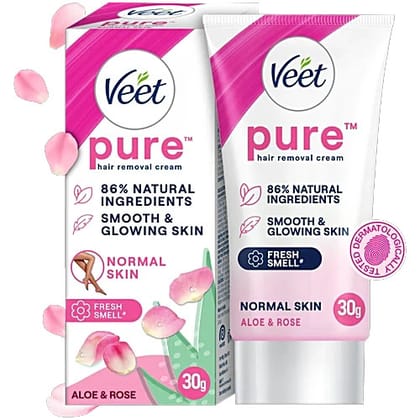 Veet Pure Hair Removal Cream for Women With No Ammonia Smell, Normal Skin - 30g | Suitable for Legs, Underarms, Bikini Line, Arms | 2x Longer Lasting Smoothness than Razors