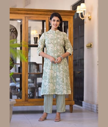 Juniper Women Cotton Printed Straight Kurti With Pants ( Green )