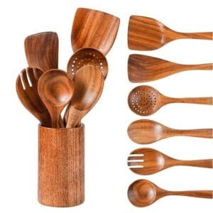 Handicraft Exim Wooden Kitchen Utensil Set (7-Piece) | Natural Teak Wood Finish | Heat-Resistant Cooking Tools