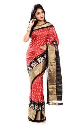 Pochampally Saree - Ikkat Silk Saree in Reddish Orange-Black