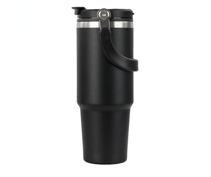 Insulated Travel Tumbler with Handle, 30 OZ, Double Wall Vacuum, 18/8 Stainless Steel, Sweat Proof, Hot and Cold Drinks, Black