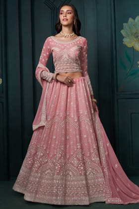 Pink Semi Stitched Embroidered Georgette Lehenga