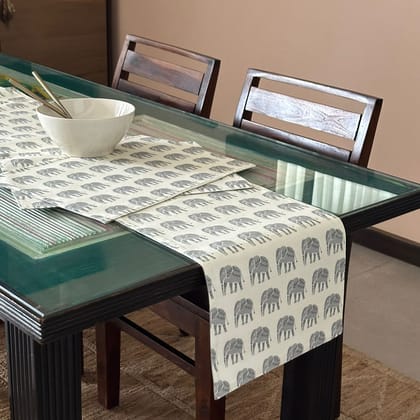 Ivory & Grey Elephant Print Table Runner & Placemats Set-Elephant Grey / Runner + Placemats Set of 2