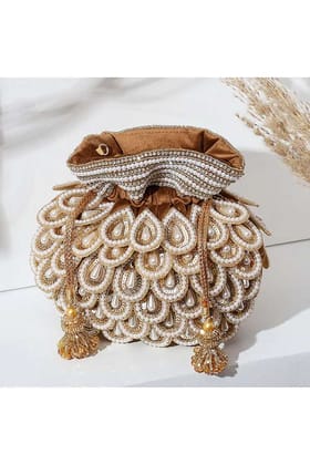 Gold Suede Pearl & Micro Bead Work Potli