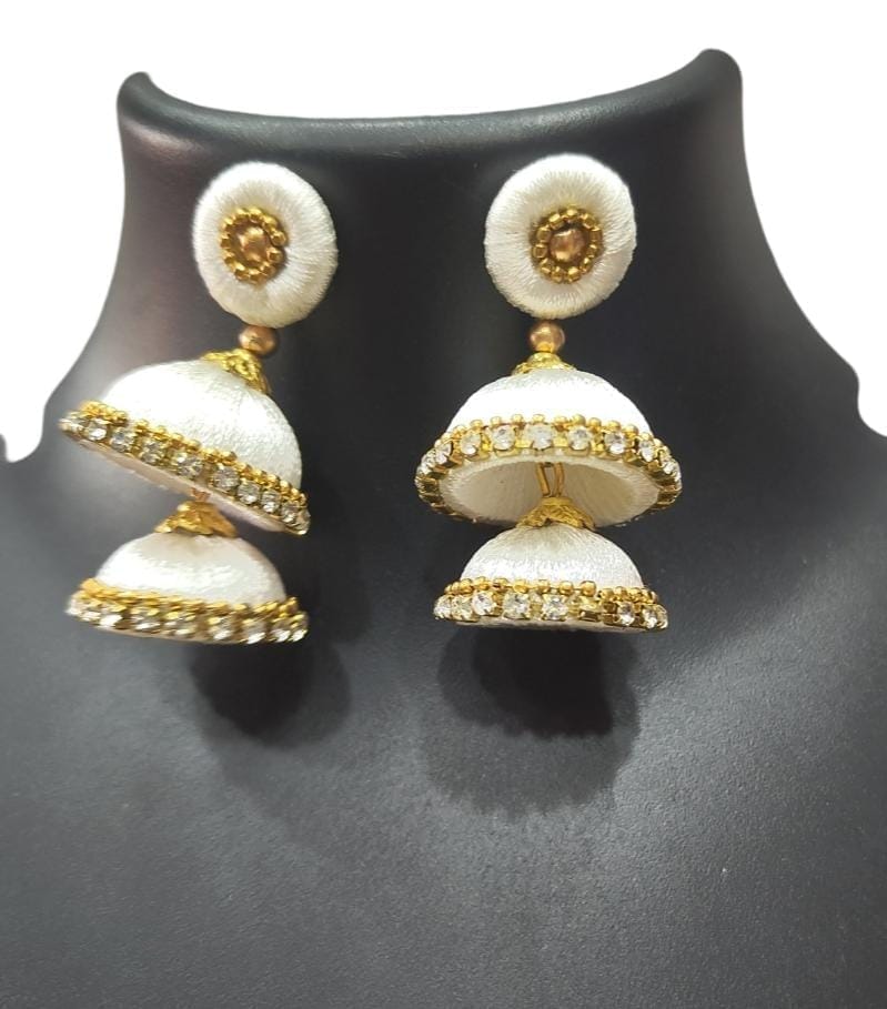 White Silk Thread Jhumka Earrings with Stone and Pearl Embellishment