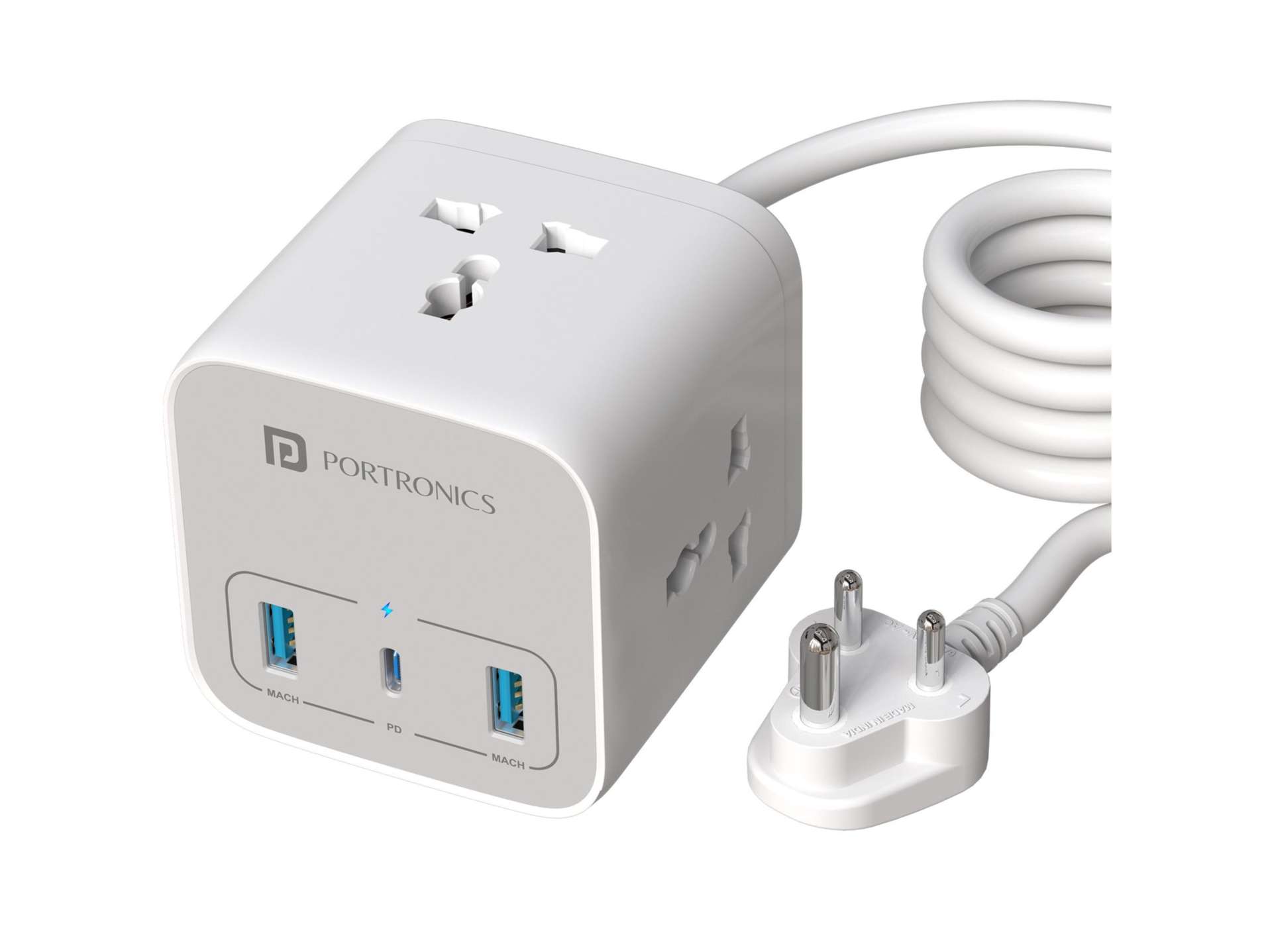 Portronics Volt 20 1 x 20W Type C PD Port, 2 x 18W USB- A Port, 3 x 2500W AC Socket, 3M Copper Cable Length
