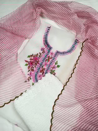 Embroidered Poised Kota Doria White Suit (Top+Dupatta+Bottom)