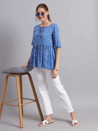 Blue Printed Bandhej Viscose Keyhole Neck Top-XS