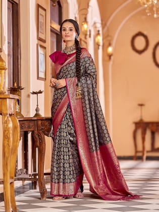 Navy Blue Soft Silk Woven Banarasi Silk  Zari Jacquard Work Designer Saree