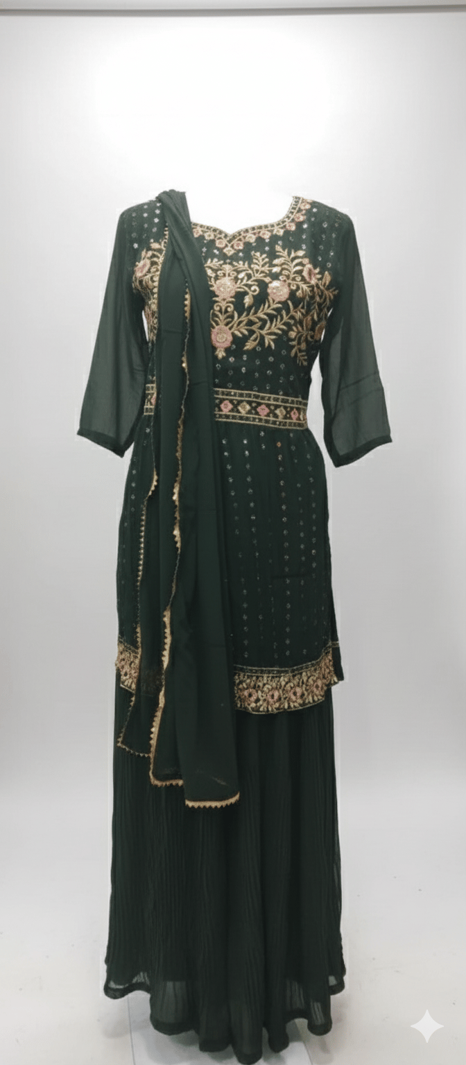 99ladies Store Women’s Dark Green Floral Embroidered Kurta Set with Matching Dupatta – Festive & Party Wear