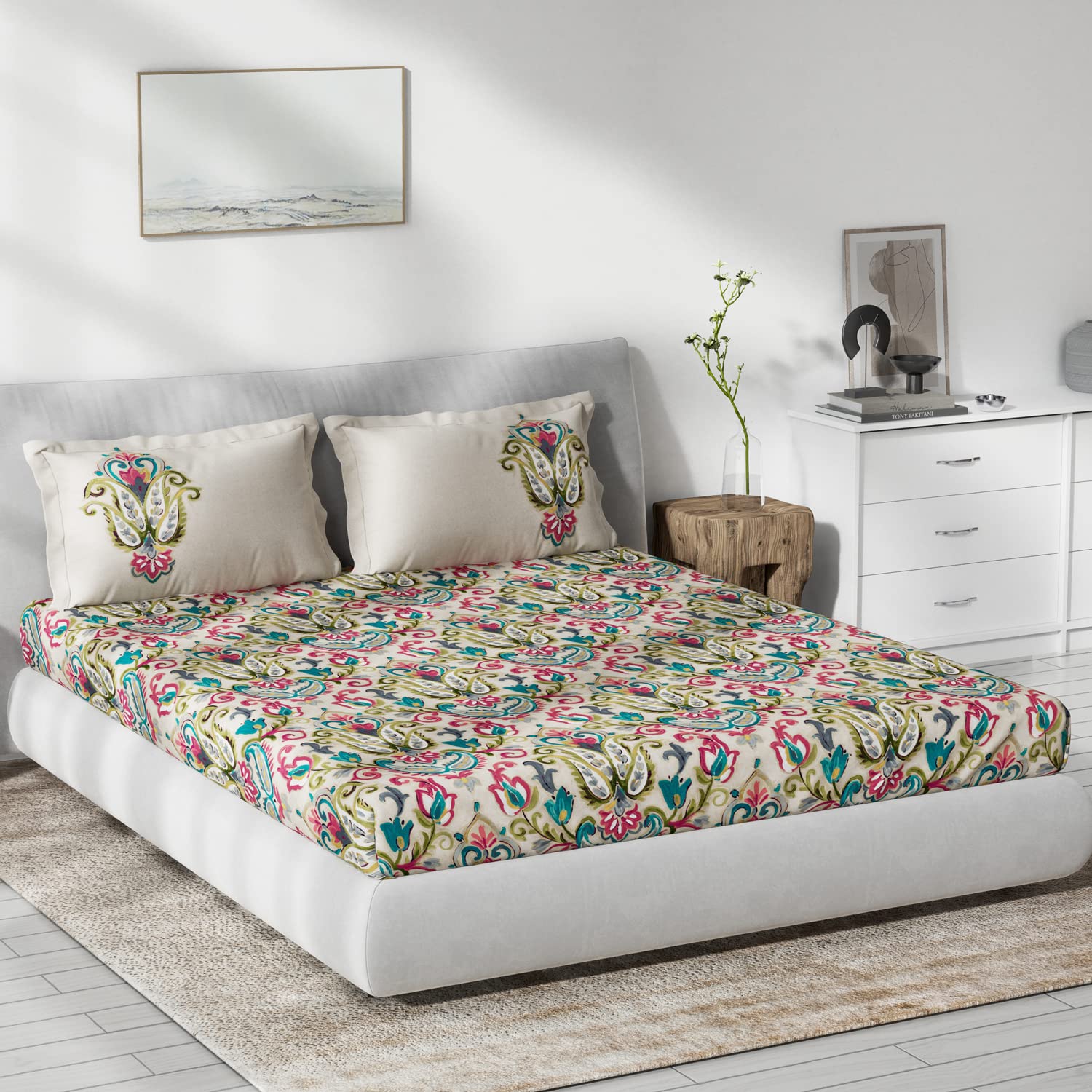 DDECOR - Primary Collection 100% Cotton Ethnic Pattern 136TC King Bedsheet |229 CM X 274 CM| Pink