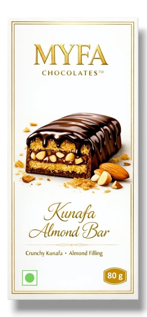 Myfa Chocolates Almond Kunafa Chocolate Bar, Crunchy Kunafa with Almond Filling, 80g