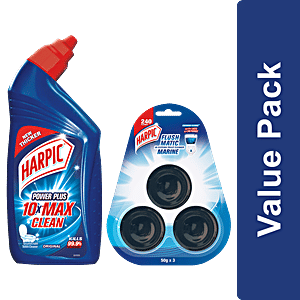 Harpic Disinfectant Toilet Cleaner, Original 1 L + Flushmatic Block, Marine,3 x 50 g, Combo 2 Items