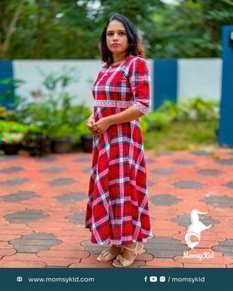 Christmas Tartan Red Half Sleeve Cotton Dress - Half Sleeve
