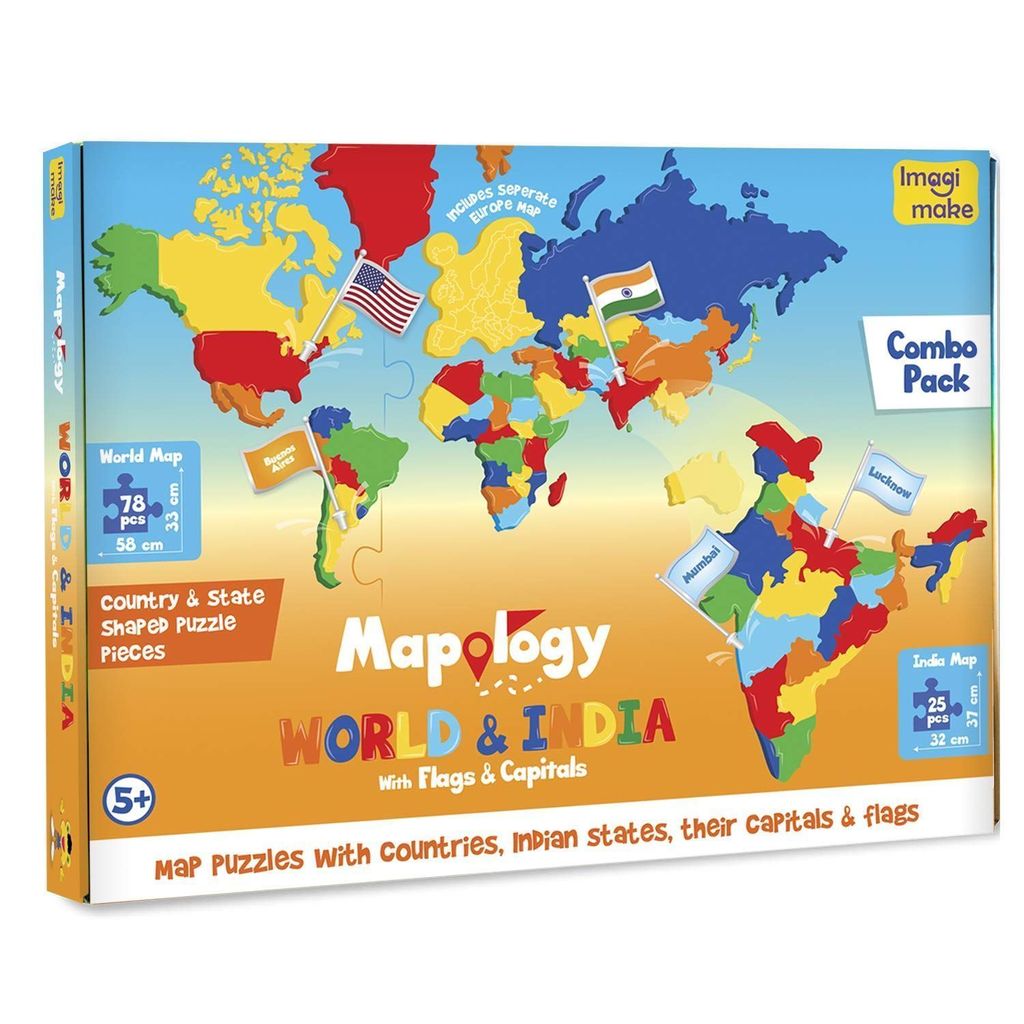 Imagimake: Mapology India and World Maps with Capitals - Learn Capitals and Country Flags - Educational Toy for Kids Above 5 Years, Multicolor