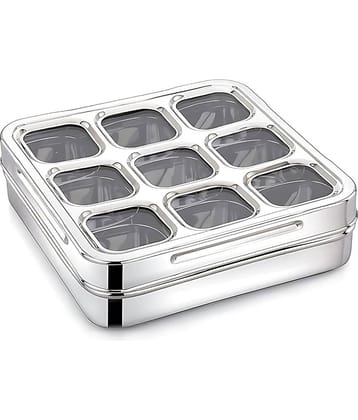 Dynore Square Spice Box Steel Silver Spice Container ( Set of 1 )