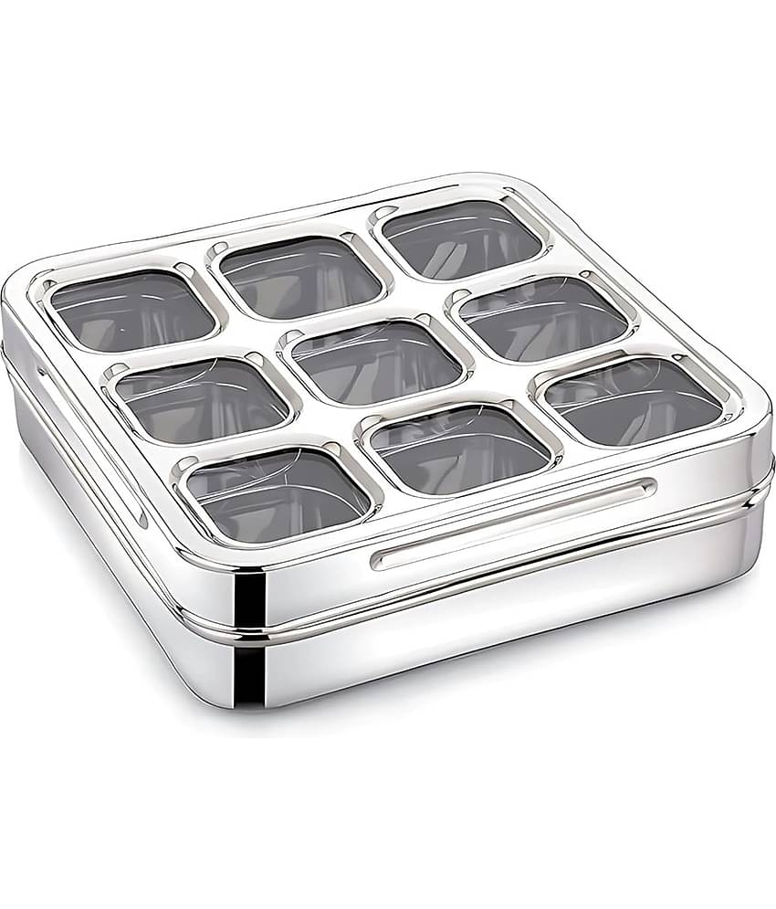 Dynore Square Spice Box Steel Silver Spice Container ( Set of 1 )