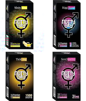 NottyBoy Assorted Pack 4 IN 1 & 3 IN 1, 1500 Extra Dots, Long Time, Contour, Ribbed, Thin, Banana Flavour Condom - 40 Units