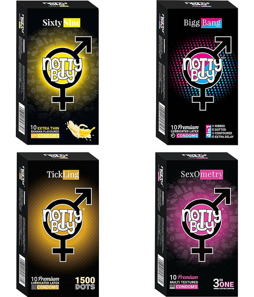 NottyBoy Assorted Pack 4 IN 1 & 3 IN 1, 1500 Extra Dots, Long Time, Contour, Ribbed, Thin, Banana Flavour Condom - 40 Units