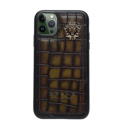 Mobile Cover In Olive Deep Cut Croco Leather by Brune & Bareskin-12