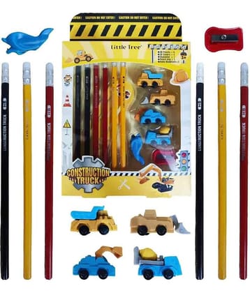 2346 YESKART -13 PC Construction Truck Theme Return Gifts for Kids – Stationery Kit Includes 6 Pencils, 4 Erasers, 1 Sharpener, 1 Ruler Bookmark, 1 Pencil Cap Stationary Set for Kids - Multicolor