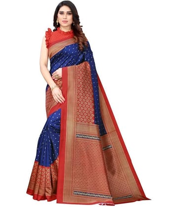 Aadvika Art Silk Printed Saree With Unstitched Blouse Piece ( Blue )