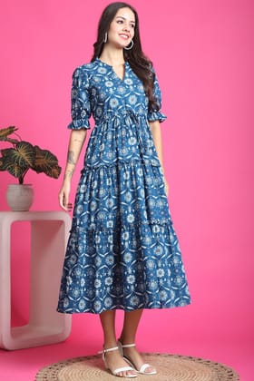 Blue Color Floral Printed Cotton Dress For Women-s
