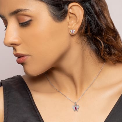 Silver Pop Pink Studded Butterfly Pendant Set