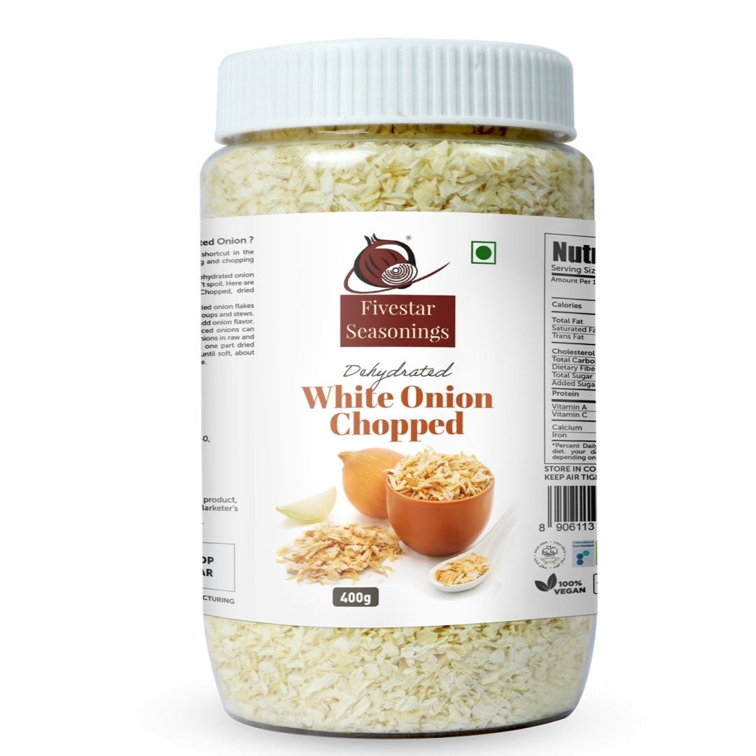 Fivestar Seasoning White Onion Chopped 400g, 100% Natural, Rich In Iron, Easy To Cook, 0% Trans-Fat Dehydrated Onion Flakes (400 Grams)