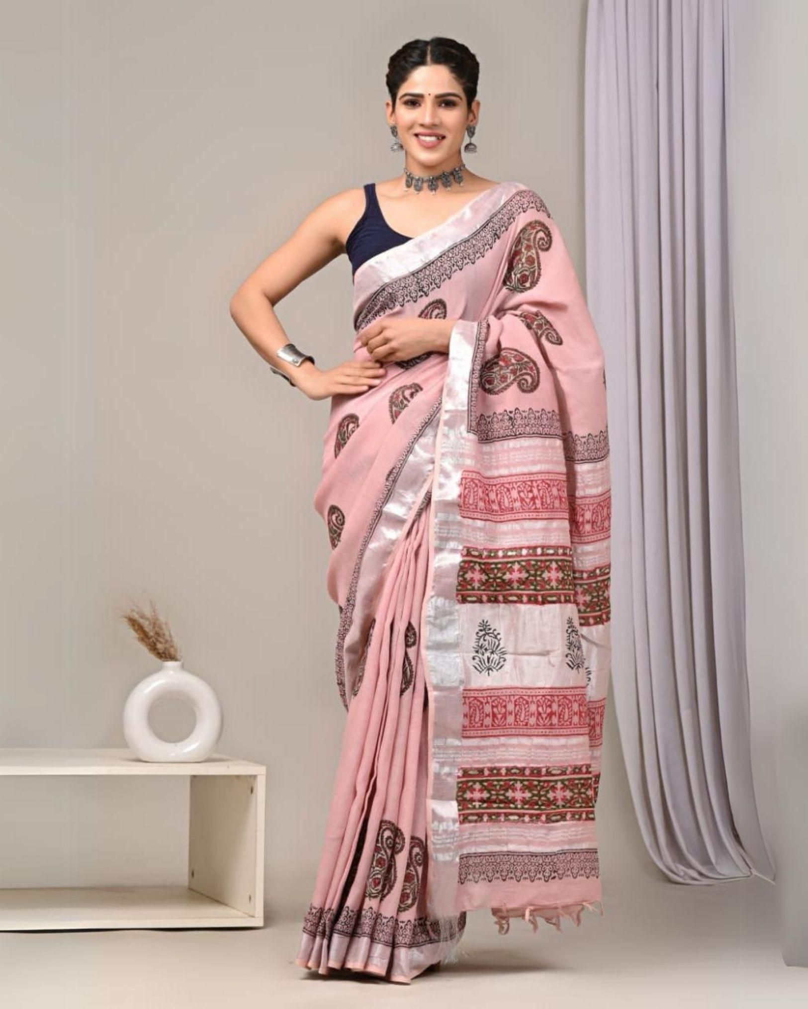 Linen Kalamkari Blockprinted Glossy Pink Saree