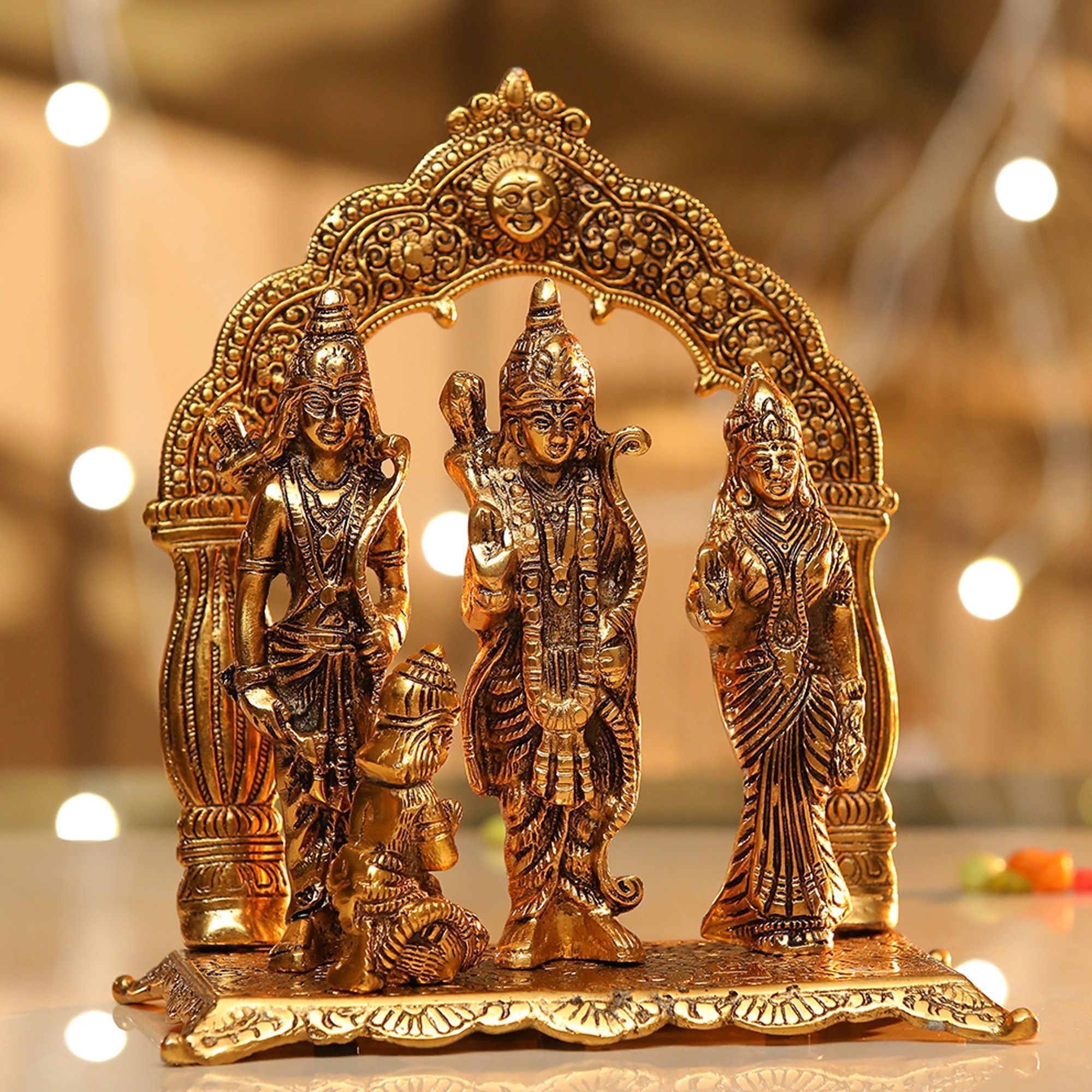 Aluminium Ram Darbar Statue with Red Velvet Box | Premium Ram Parivar Idol for Puja & Gift, Height : 9.5 Inch (ASMAS229 G)