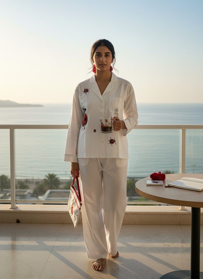 Ivvory Designer Revere Pyjama Set (Lady Bird Print, Size XS) | 100% Cotton, Hand Embroidered 2-Piece Suit | Sleep & Loungewear