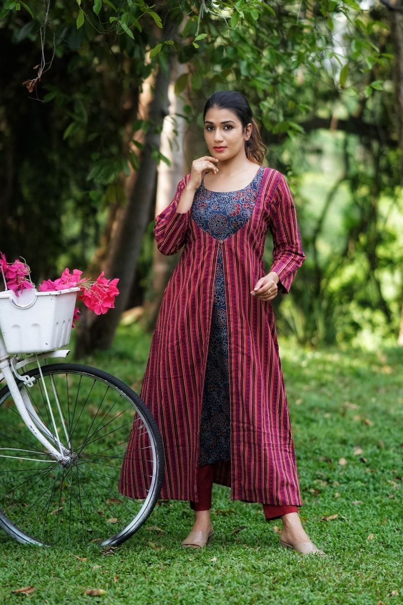 Ajrakh Cotton Jacket Style Layered A Line  Kurta,  Red - Indigo blue , KA1035-S
