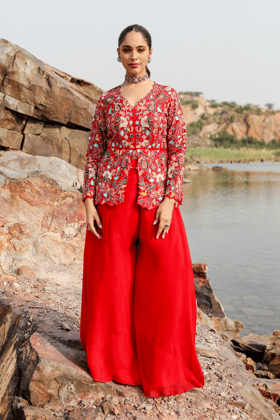 RED FLORAL SHARARA SET-XS