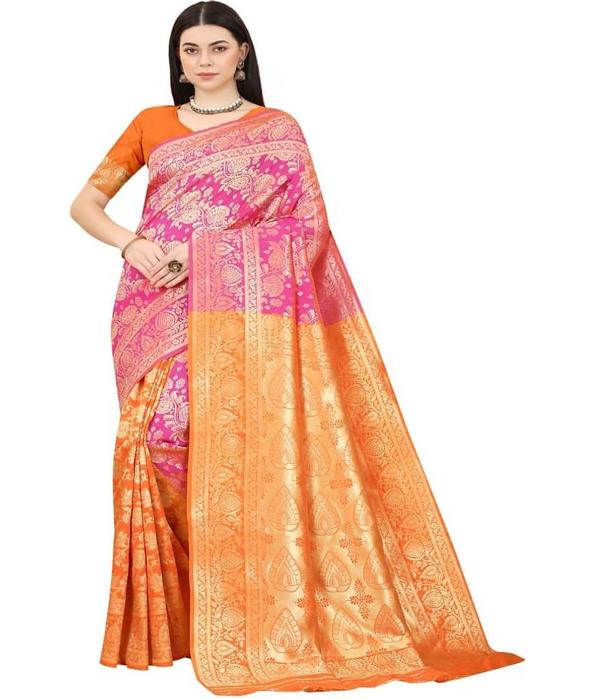 NENCY FASHION Banarasi Silk Embellished Saree With Unstitched Blouse Piece ( Rani )