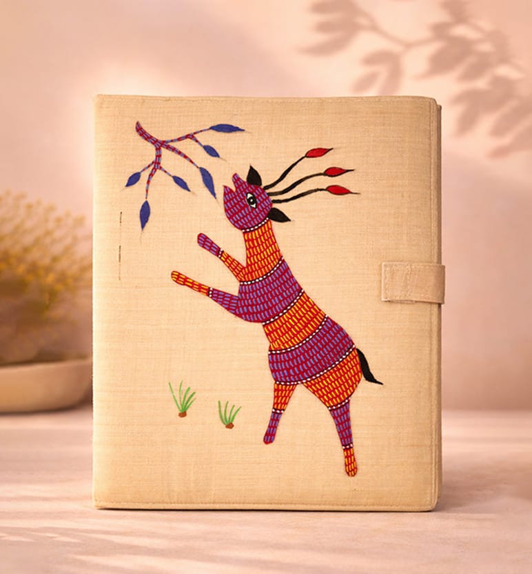Handcrafted Gond Folk Art Fabric File Folder – Deer printed
