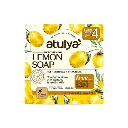 Atulya Lemon Soap | Detoxifies and Revitalizes Skin | Pack of 4 - 300gm Atulya Lemon Soap | Detoxifies and Revitalizes Skin | Pack of 4 - 300gm