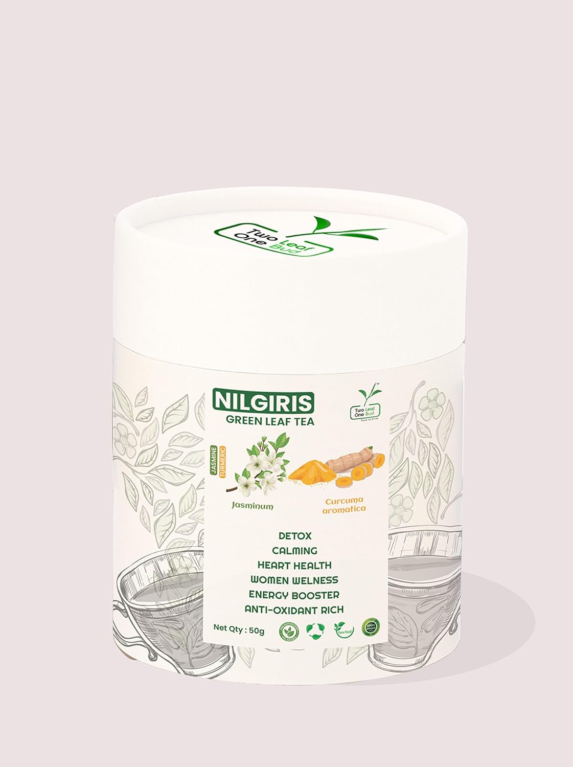 Two Leaf One Bud Nilgris Green Leaf Tea - Jasmine and Turmeric 50 Gms