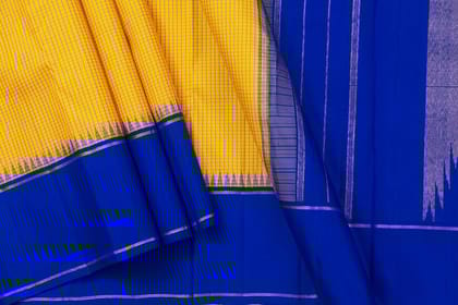 Yellow And Blue Kanchipuram Silk Saree With Small Border Handwoven Pure Silk For Festive Wear PV NYC 1009