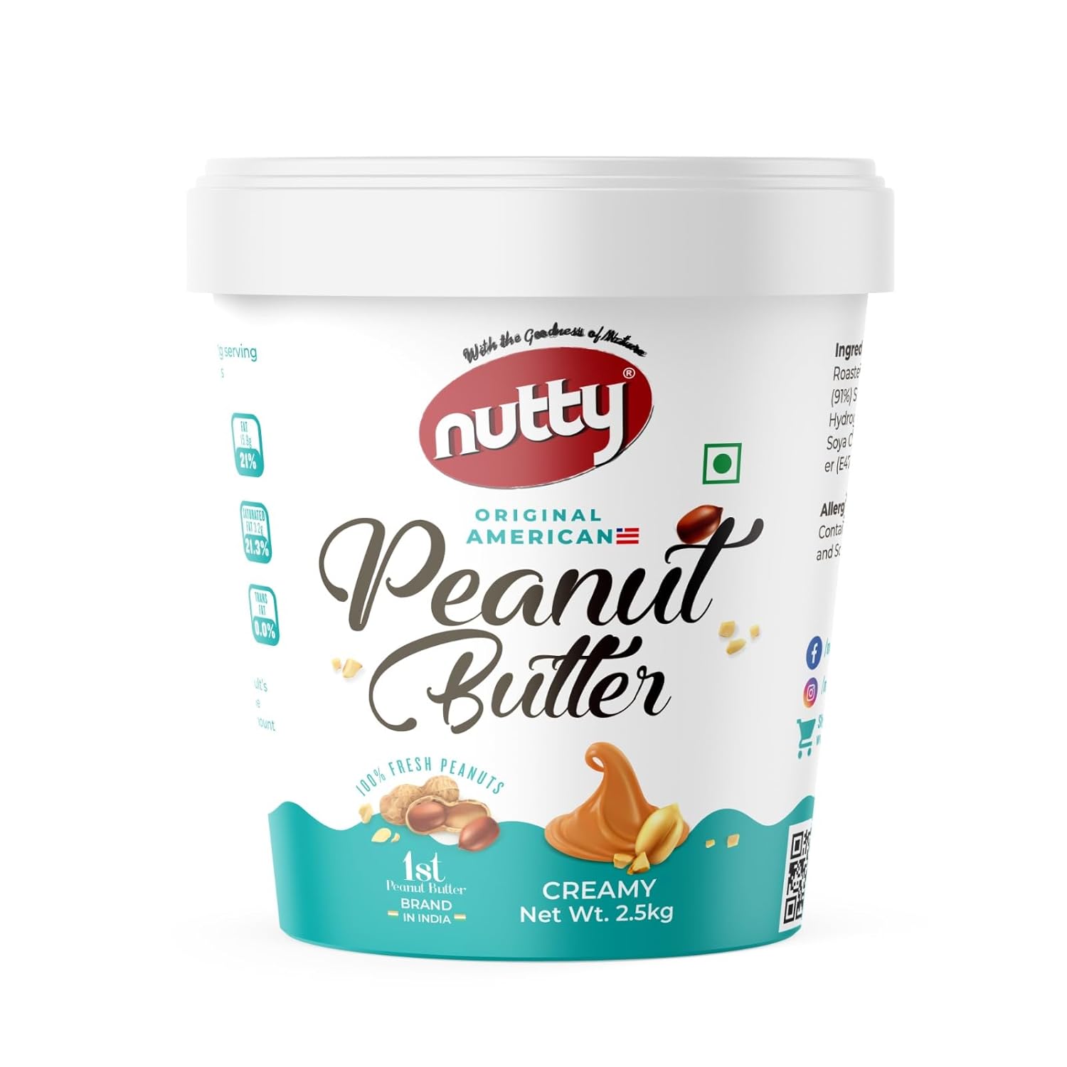 Nutty Creamy Peanut Butter 2.5kg | 100% Roasted Peanuts, High Protein, non-GMO, Gluten-Free, Vegan | Plant-Based, Peanut Butter Creamy | 2.5kg Jar