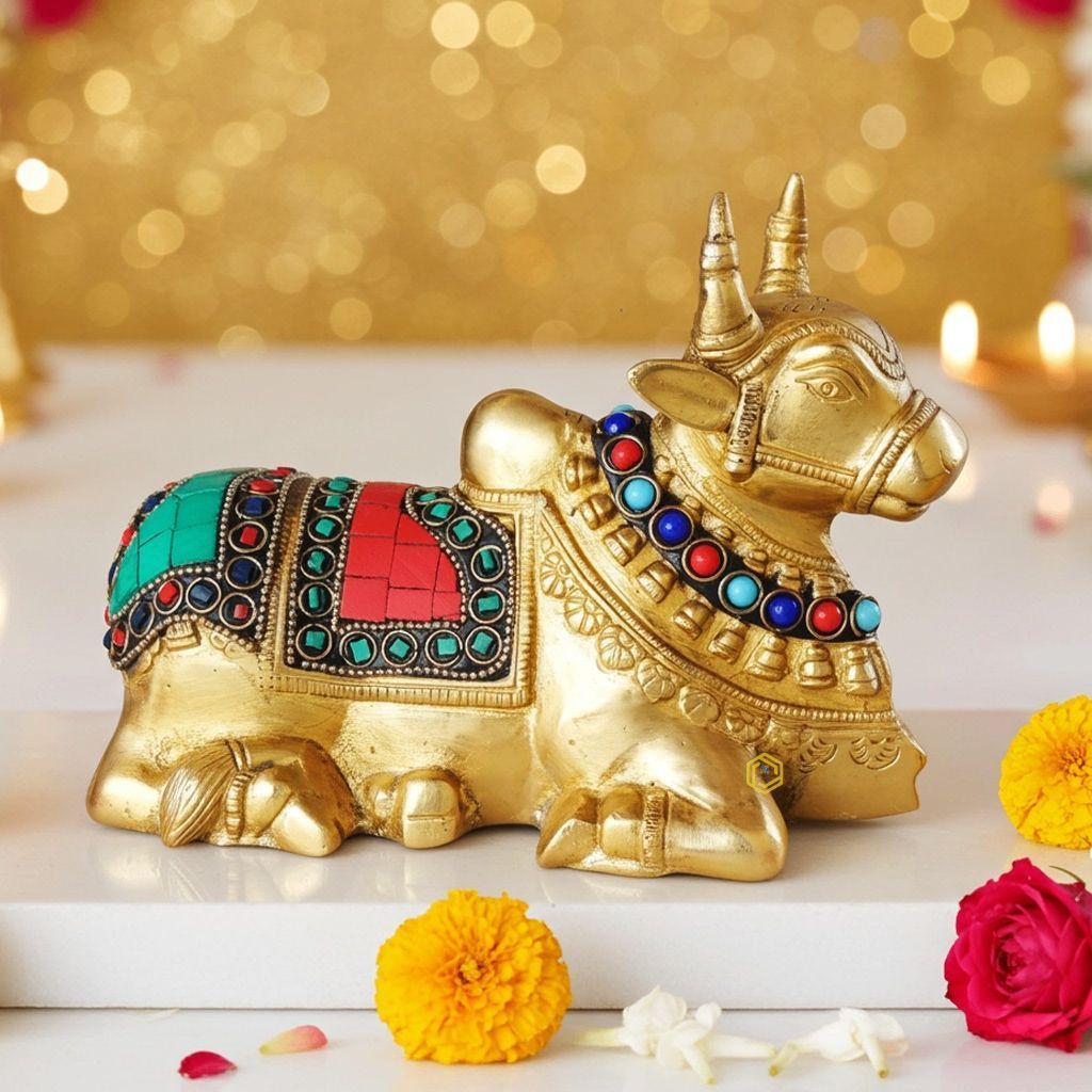 Brass Showpiece Nandi Idol Statue - Religious Home & Temple Decor, Height : 5 Inch (BSMAS998 A)