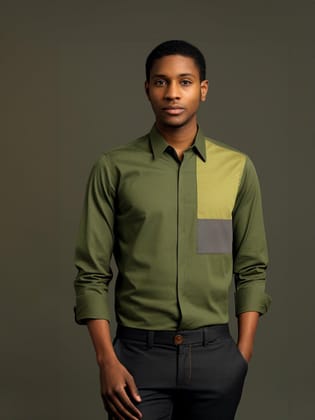 Colourblocked Smart Casual Olive Shirt-AVOCADO / M