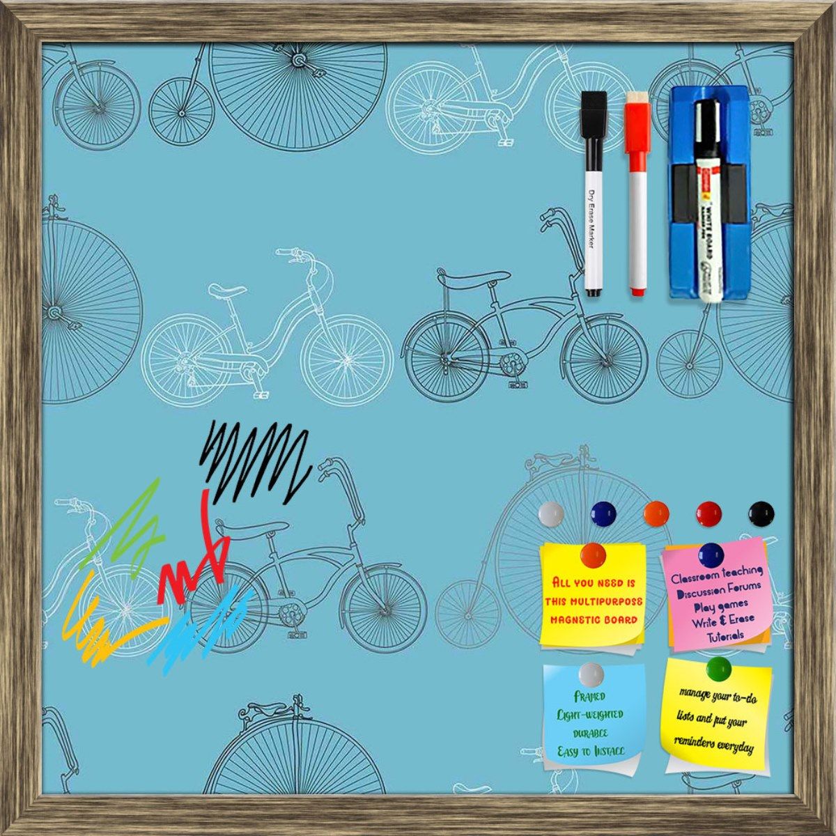 Bicycles Framed Magnetic Dry Erase Board | Combo with Magnet Buttons & Markers-Magnetic Board; Antique Gold Frame / 12 x 12 inch (30 x 30 cms)