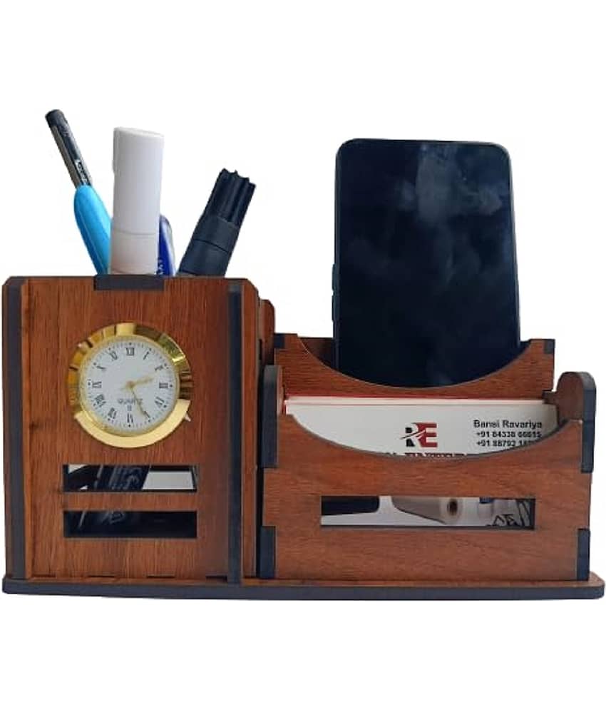 BIG BOSS ENTERPRISES 3 in 1 Pen Stand with Visiting Card & Mobile Holder Multipurpose Wooden Desk Organizer Pen and Pencil Stand for Office Table with Business Card Holder Box and Mobile Stand