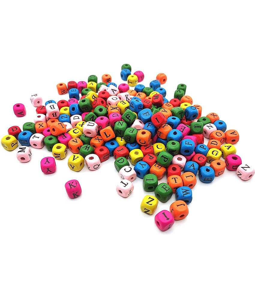 PRANSUNITA 10 mm Multicolored Wooden Alphabet Letter Square Shape Loose Beads for DIY Bracelets, Necklaces, Educational Toys –Pack of 130 pcs